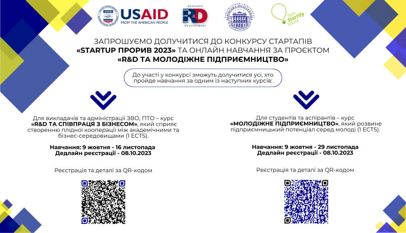Конкурс стартапів «STARTUP ПРОРИВ 2023» та навчання за проєктом «R&D та молодіжне підприємництво» 